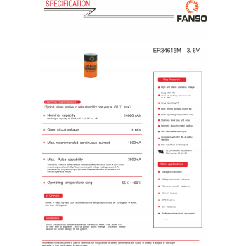 Bateria EVE FANSO ER34615 M 14.0Ah / 3.6V